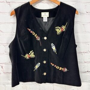 Vintage Black Embroidered velvet structured Fish Vest size medium witchycore